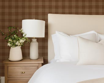 Brown Woven Gingham Wallpaper, Brown Plaid Wallpaper, Cottage Wallpaper, Farmhouse Wallpaper, Neutral Check Wallpaper, Peel and Stick