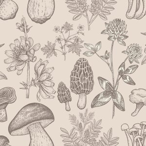 K&ouml;nnte beinhalten: Ein nahtloses Muster mit handgezeichneten Illustrationen von Pilzen, Klee und anderen Wildblumen. Das Design ist in Braun- und Graut&ouml;nen auf einem hellbeigen Hintergrund.