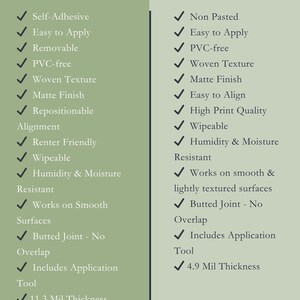 May include: A comparison chart titled Peel & Stick vs. Traditional wallpaper. The left side lists features like self-adhesive, removable, and 11.3 mil thickness. The right side lists features like non-pasted, woven texture, and 4.9 mil thickness.