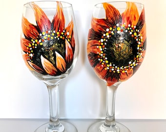 Red and Orange Sunflower Wine Glasses