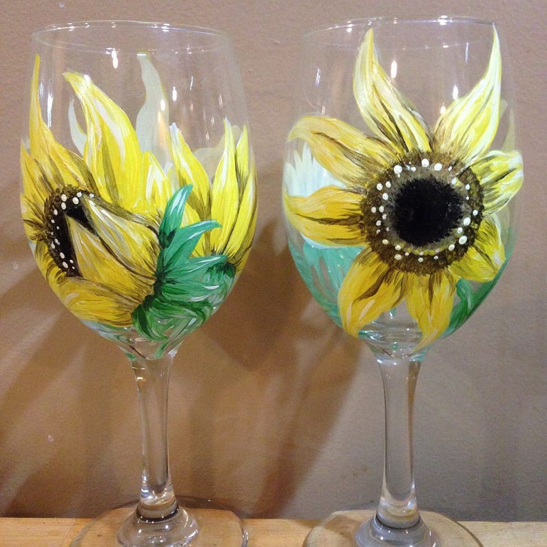 2 Hand Painted Sunflower Wine Glasses 20oz. Etsy