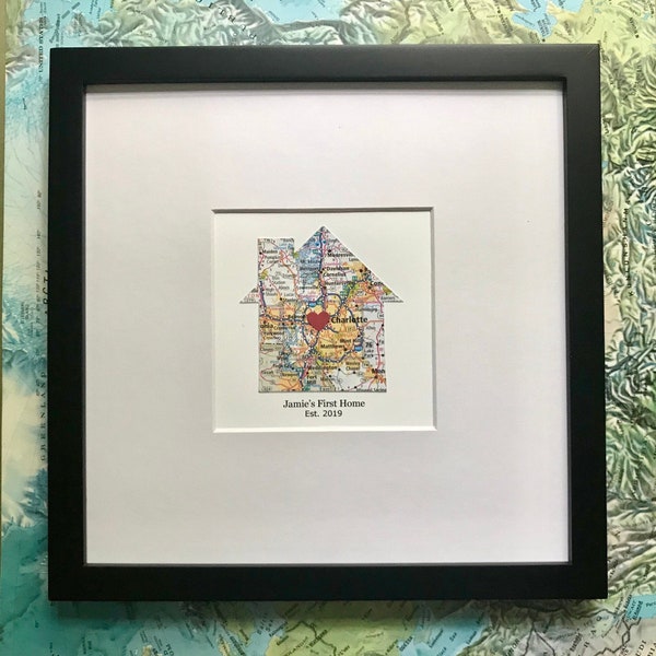 NEW SIZE! Framed House Map - 8x8 Inch Frame with Mat - Housewarming Gift - House Shaped Map - Realtor Gift - New Home Gift - Personalize It!