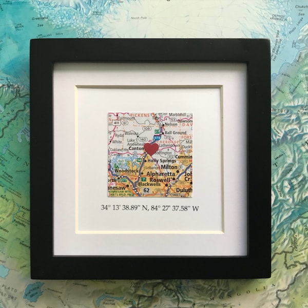 Framed Map & GPS Coordinates - Custom Map Gift - Latitude Longitude - 5x5 inch FRAME - Engagement Gift - Gallery Wall Art - Valentines Day