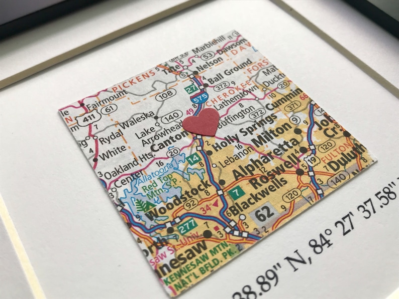 Framed Map & GPS Coordinates Custom Map Gift Latitude Longitude 5x5 inch FRAME Engagement Gift Gallery Wall Art Valentines Day image 2