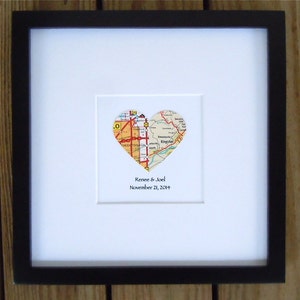 Divided Heart Map with Text Framed Map Decor Engagement or Wedding Gift Graduation Gift 8x8 Inch Matted Frame Two City Map image 2