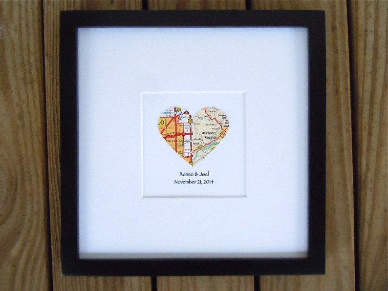 Divided Heart Map with Text Framed Map Decor Engagement or Wedding Gift Graduation Gift 8x8 Inch Matted Frame Two City Map image 2