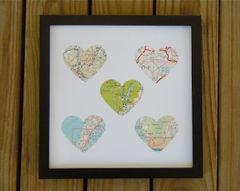 Framed Map Art - Five Maps - Choose Your Maps - Map Hearts - Custom Gift for Traveler - Heart Maps - Engagement, Wedding or Anniversary Gift