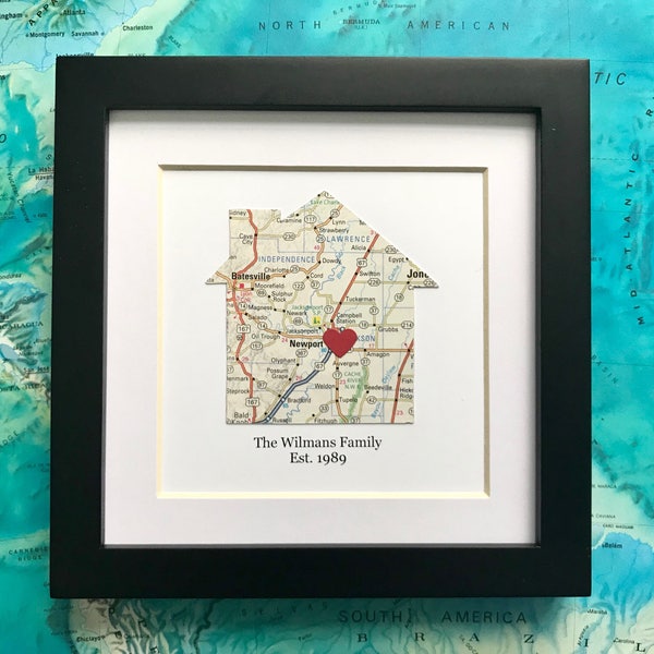 Framed House Map - 5x5 Inch Frame - Housewarming Gift - House Shaped Map - Realtor Gift - Framed Map - New Home Gift - Choose Map and Text