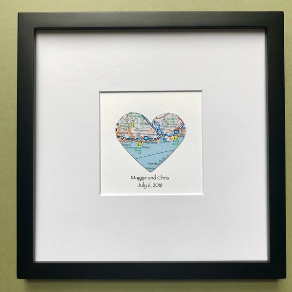 Framed Heart Map + Text - 8x8 Inch Black Frame - Map Decor - Customized Names and Date - Wedding Gift - Engagement Gift - For Couples