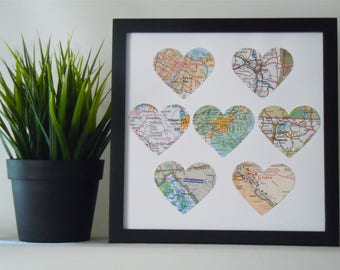 Framed Map Hearts - 7 or 8 Maps - Choose Your Maps - Square Black Frame - Map Art - Heart Maps - Travel, Anniversary or Wedding Gift