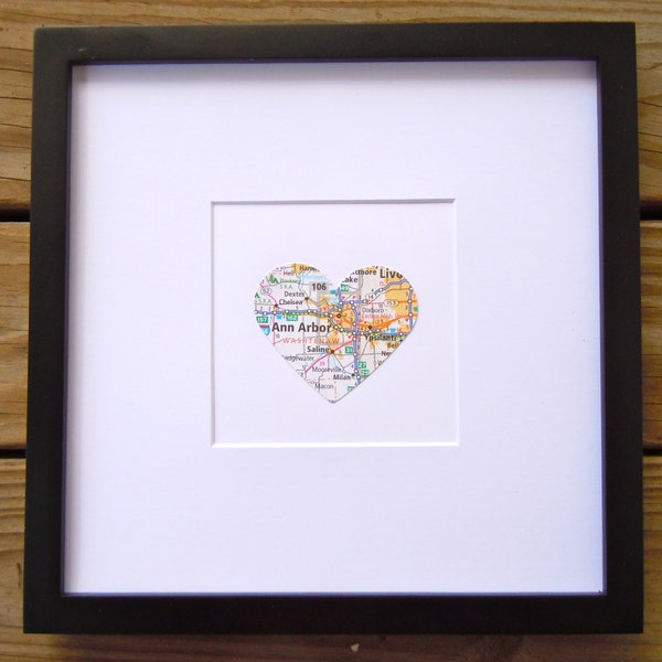 Heart Map Decor - Framed Map Heart - Choose Your City -Wedding Gift - 8x8 Inch Frame - Engagement Present - Housewarming