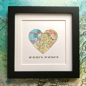 Framed Map Coordinates 5x5 Inch Frame Engagement Gift Map Heart Choose a Map Wedding Gift Valentines Day image 1