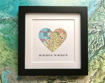 Framed Map + Coordinates - 5x5 Inch Frame - Engagement Gift - Map Heart - Choose a Map - Wedding Gift - Valentine’s Day