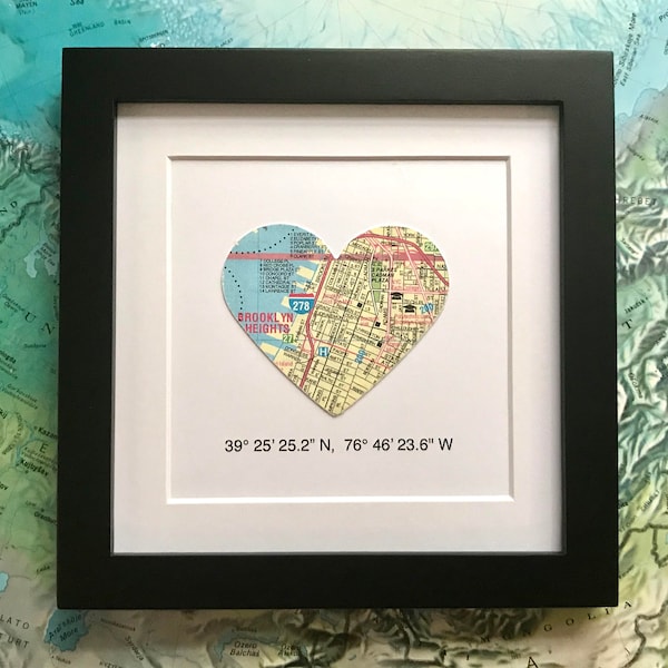 Framed Map + Coordinates - 5x5 Inch Frame - Engagement Gift - Map Heart - Choose a Map - Wedding Gift - Valentine’s Day