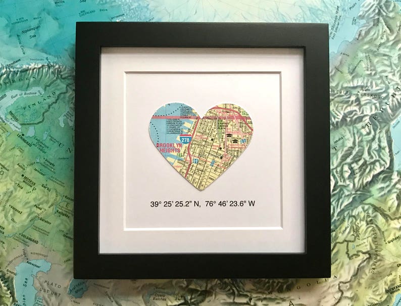 Framed Map Coordinates 5x5 Inch Frame Engagement Gift Map Heart Choose a Map Wedding Gift Valentines Day image 1