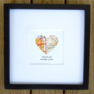 Divided Heart Map with Text Framed Map Decor Engagement or Wedding Gift Graduation Gift 8x8 Inch Matted Frame Two City Map image 1