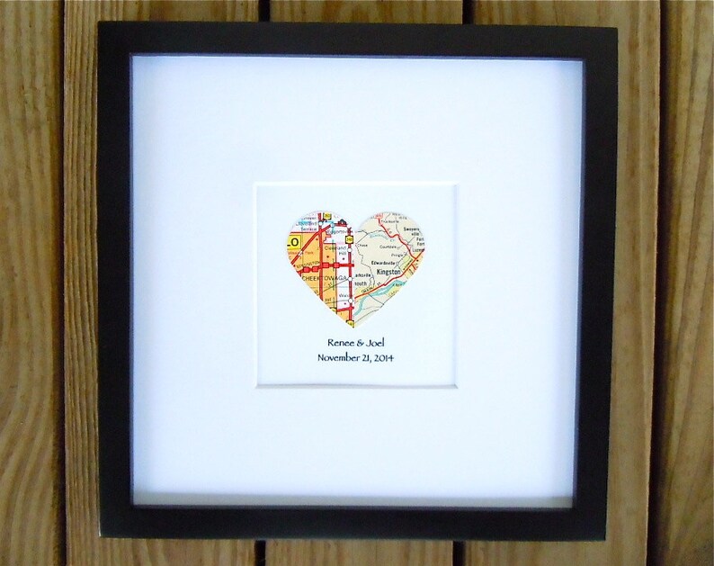 Divided Heart Map with Text Framed Map Decor Engagement or Wedding Gift Graduation Gift 8x8 Inch Matted Frame Two City Map image 1