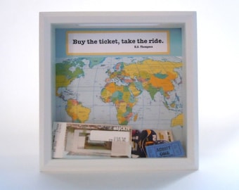 Sale! White Ticket Box - Gift for Traveler - Shadow Box Ticket Frame - Ticket Display Box - HS Thompson Quote - White Shadow Box