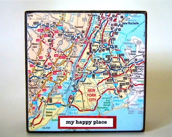 Small Map Block - NYC - Map Art - Map Home Decor - Square Map - New York - Map Decor - My Happy Place - Inexpensive Gift - Free Shipping