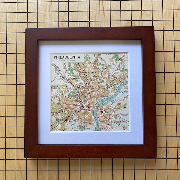 SALE! -Framed Vintage Philadelphia Map - Map Gift - Square Frame - Engagement Gift  - Wedding Gift - Gallery Wall - Philly Gift - 5x5 Frame