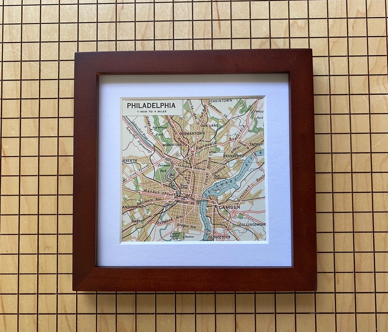 SALE Framed Vintage Philadelphia Map Map Gift Square Frame Engagement Gift Wedding Gift Gallery Wall Philly Gift 5x5 Frame image 1