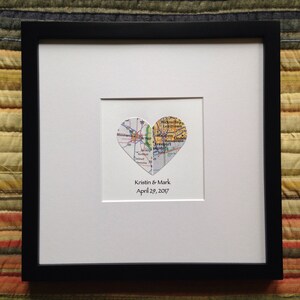 Divided Heart Map with Text Framed Map Decor Engagement or Wedding Gift Graduation Gift 8x8 Inch Matted Frame Two City Map image 3