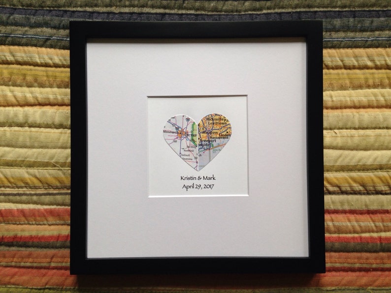 Divided Heart Map with Text Framed Map Decor Engagement or Wedding Gift Graduation Gift 8x8 Inch Matted Frame Two City Map image 3