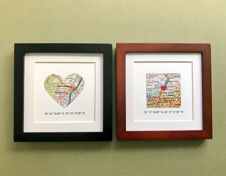 Framed Map & GPS Coordinates Custom Map Gift Latitude Longitude 5x5 inch FRAME Engagement Gift Gallery Wall Art Valentines Day image 7