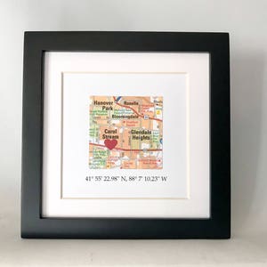 Framed Map & GPS Coordinates Custom Map Gift Latitude Longitude 5x5 inch FRAME Engagement Gift Gallery Wall Art Valentines Day image 4