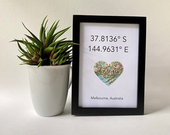 Framed Map + Coordinates - 5x7 Inch Frame - Engagement Gift - Map Heart - Choose a Map - Wedding Gift - Customized Gift - Choose your Text