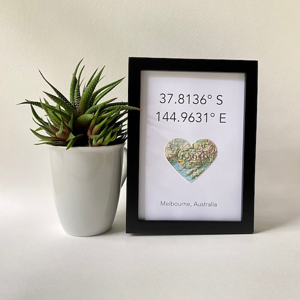 Framed Map + Coordinates - 5x7 Inch Frame - Engagement Gift - Map Heart - Choose a Map - Wedding Gift - Customized Gift - Choose your Text