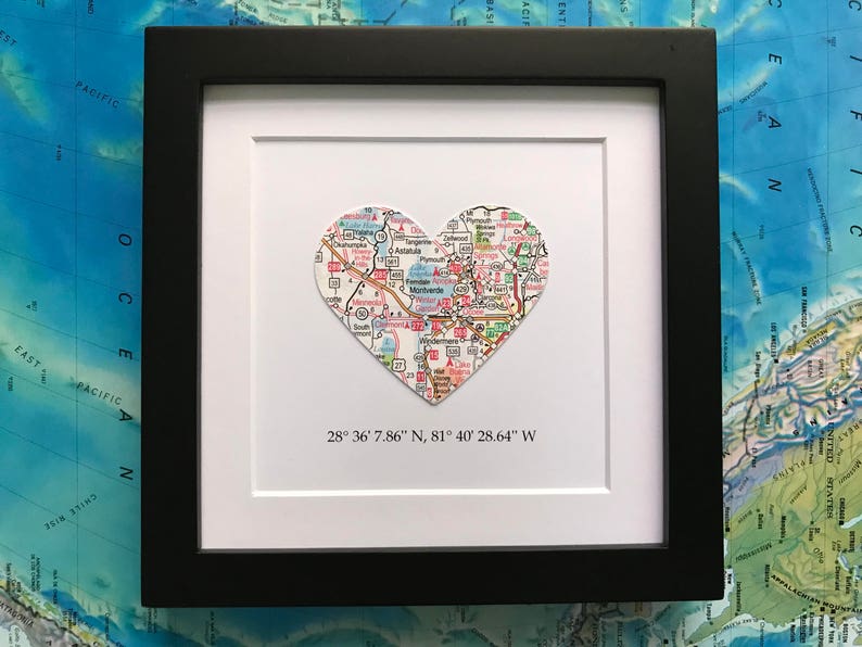 Framed Map Coordinates 5x5 Inch Frame Engagement Gift Map Heart Choose a Map Wedding Gift Valentines Day image 2