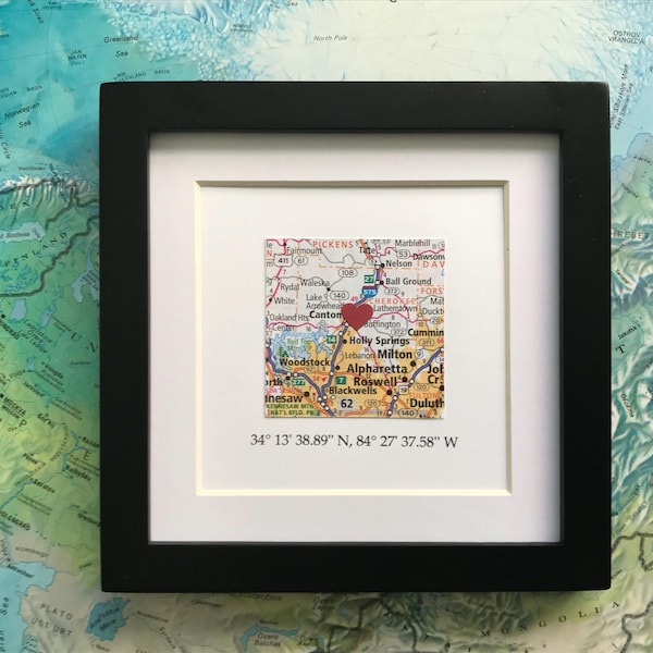Framed Map & GPS Coordinates - Custom Map Gift - Latitude Longitude - 5x5 inch FRAME - Wedding Gift - Gallery Wall Art - Valentines Day Gift