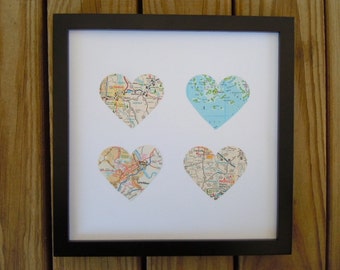 4 Framed Heart Maps - Choose Your Maps - Map Art - Customized Gift for Traveler - Wedding or Anniversary Gift - Heart Shaped Maps