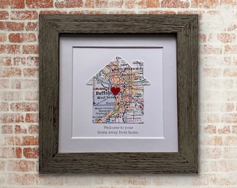 Guest House Decor - House Shaped Map - 5x5 Inch Frame - Guest Room Art - Rustic Frame - Home Away From Home - Choose Map and Text - Map Art