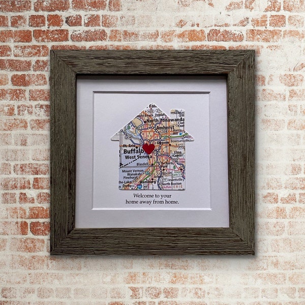 Guest House Decor - House Shaped Map - 5x5 Inch Frame - Guest Room Art - Rustic Frame - Home Away From Home - Choose Map and Text - Map Art