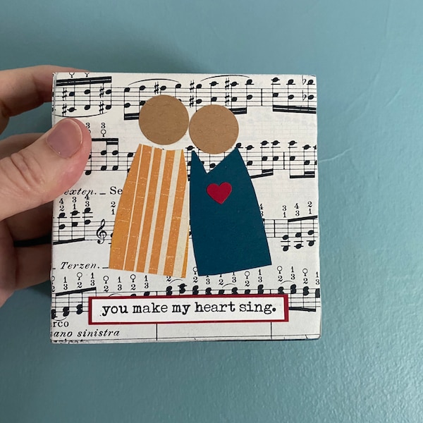 Gift for Daughter- Paper Collage - You Make My Heart Sing - Vintage Music - Small Friendship Gift - Wood Block - 4x4 Inch Block -  Free Ship