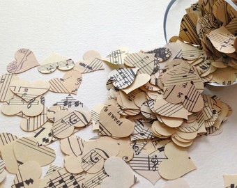 Vintage Music Confetti - 100 Piece Paper Hearts -  Wedding Table Decor - Music Theme - Party Decor - Hand Punched Vintage Music Confetti