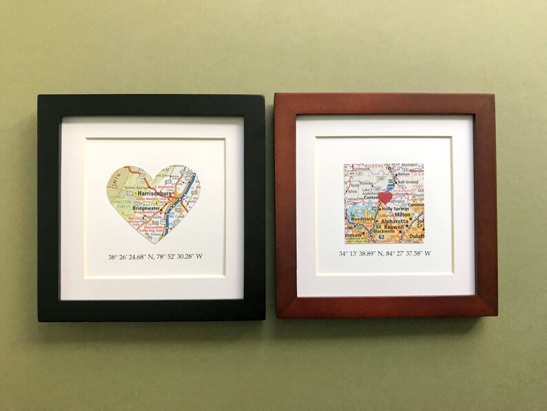 Framed Map Coordinates 5x5 Inch Frame Engagement Gift Map Heart Choose a Map Wedding Gift Valentines Day image 3