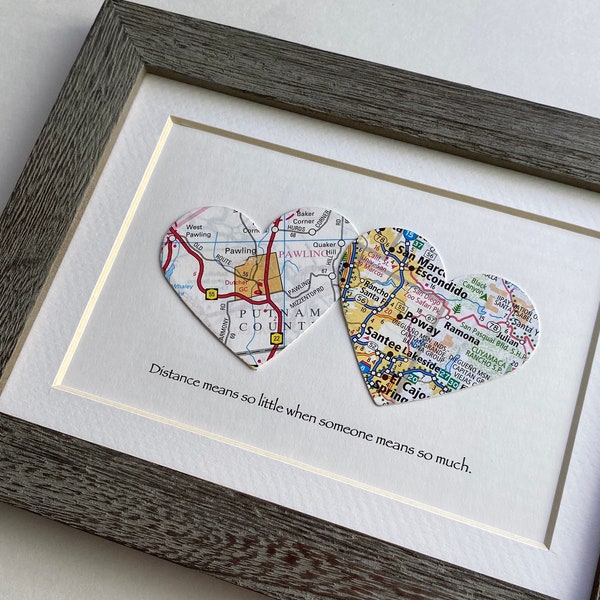 Framed Map Hearts - Choose Maps & Text - Map Gift - 5x7 inch Frame - Customized Map Art - Long Distance Gift - Wedding Gift - For Friend