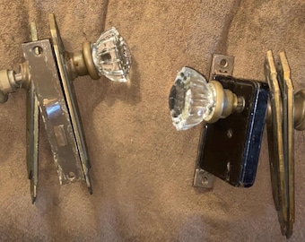 Vintage Glass Door Knob Set of Two 12 Point Glass Knobs with Mortise and Backing Plates.