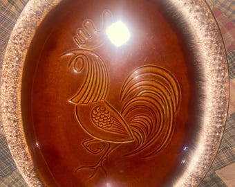 Hull Pottery House 'N Garden Brown Chicken Rooster Platter Server Dish 13.5" X 10 3/4”