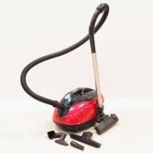 May include: A red and black canister vacuum cleaner with a black hose and attachments. The vacuum has a silver handle and several nozzles for different cleaning tasks. The image is taken against a white background.