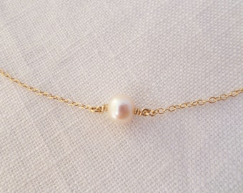 Delicate Fresh Water Pearl Necklace, Minimal Suspended Pearl on 14K GF, Sterling Silver chain. Simple Layering Necklace, wedding, bridesmaid