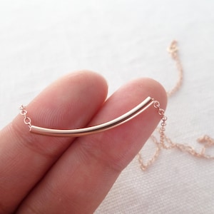 Rose Gold tube necklace, 14K Rose Gold Filled curbed bar necklace...dainty,everyday, simple, birthday, wedding, bridesmaid jewelry