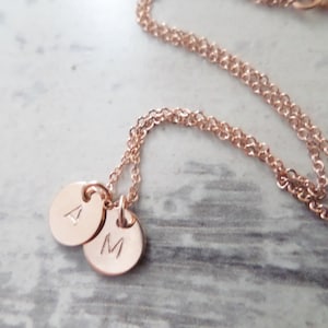 2 Tiny Rose gold disks with initial necklace---Hand stamped personalized necklace...dainty, simple, birthday, wedding, bridesmaid jewelry