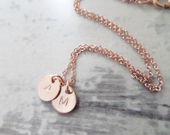 2 Tiny Rose gold disks with initial necklace---Hand stamped personalized necklace...dainty, simple, birthday, wedding, bridesmaid jewelry