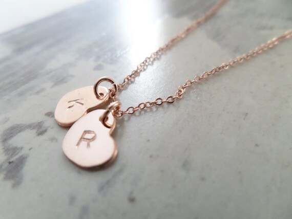 14K Rose Gold Filled hearts with initial necklace---Hand stamped personalized necklace...dainty, simple, daily, layering, for Mom, sisters