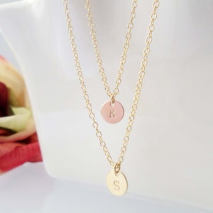 Two tiny gold disks with initial necklace, double strand inital necklace---dainty, simple, birthday, wedding, bridesmaid jewelry