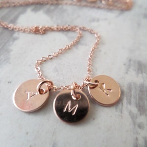 14K One/Two or Three Tiny Rose gold disks with initial necklace---Hand stamped, personalized, daily, dainty, simple, layering, sister neckla